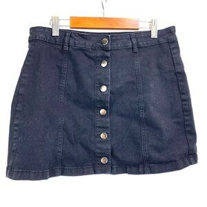 Forever 21 Denim Button Front Mini Skirt Black Cotton Spandex Size 31 Large